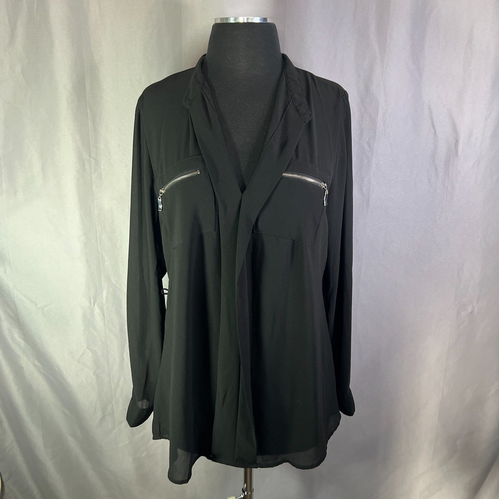 Cotton Express Blouse Top Womens Large Black Sheer Zipper Pockets Long Sleeve